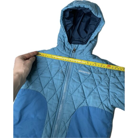 PATAGONIA BLUE DOWN FILL HOODED PUFFER PUFFY KIDS JACKET 3T QUILT ELBOW PATCH - Picture 11 of 12